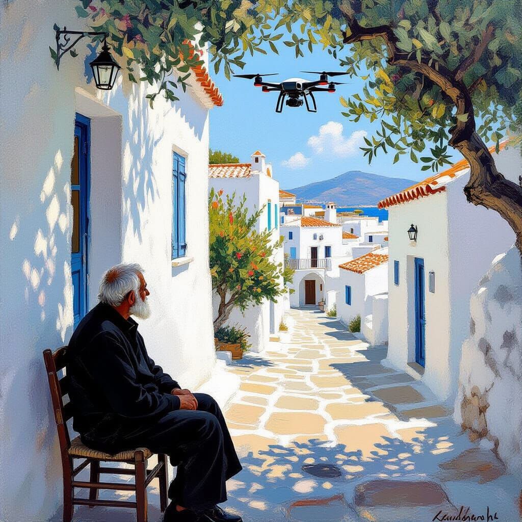 Greek Elder Observes Drone in Sunlit Village, Impressionist ...
