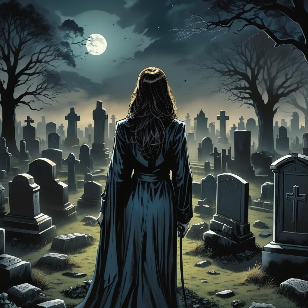 Eerie Graveyard Woman in Comic Book Art
