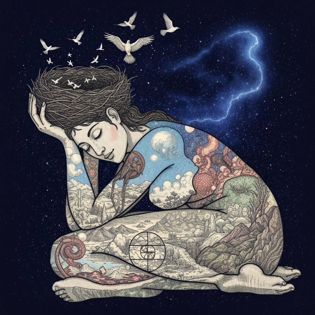 Cosmic Woman Merging with Nature and Stars