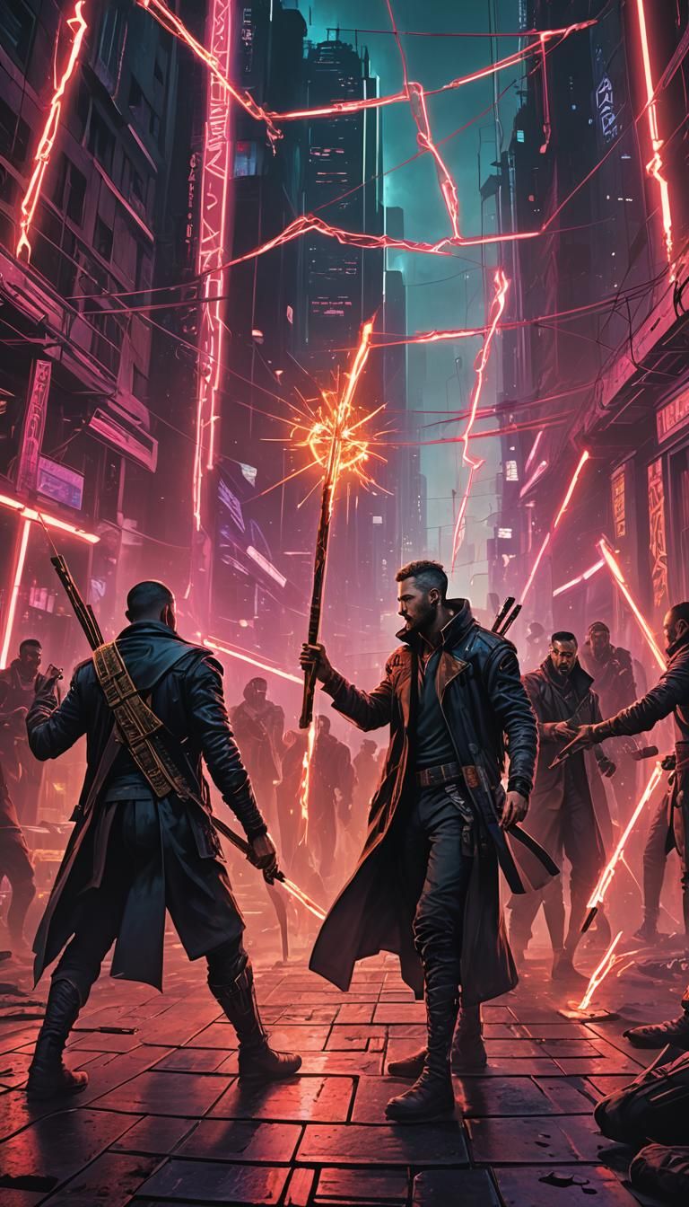 Five of Wands Tarot Card in Cyberpunk Style