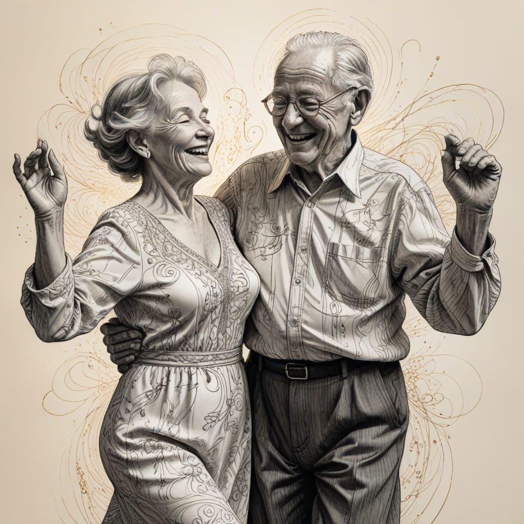 Joyful Elderly Couple Dancing: Detailed Ink Illustration