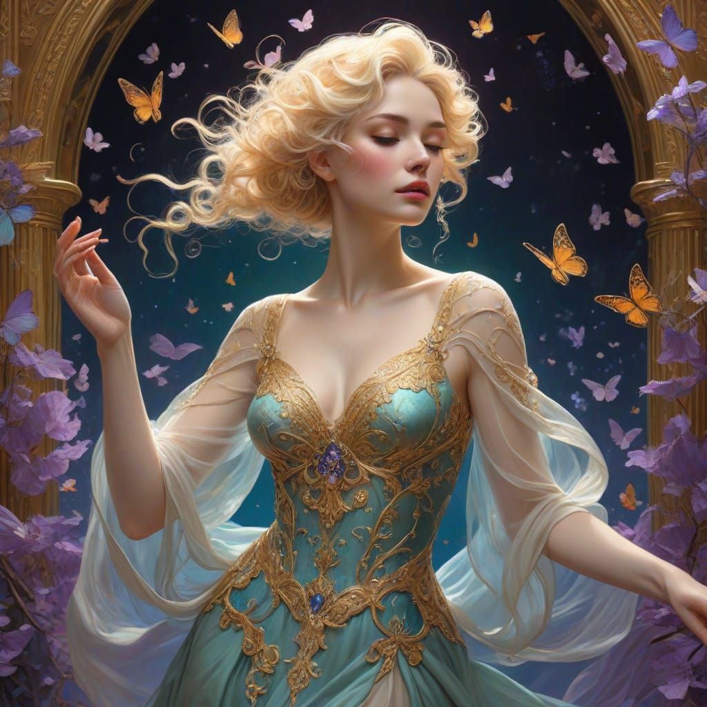 Ethereal Goddess in Blanco Gown with Whimsical Butterflies