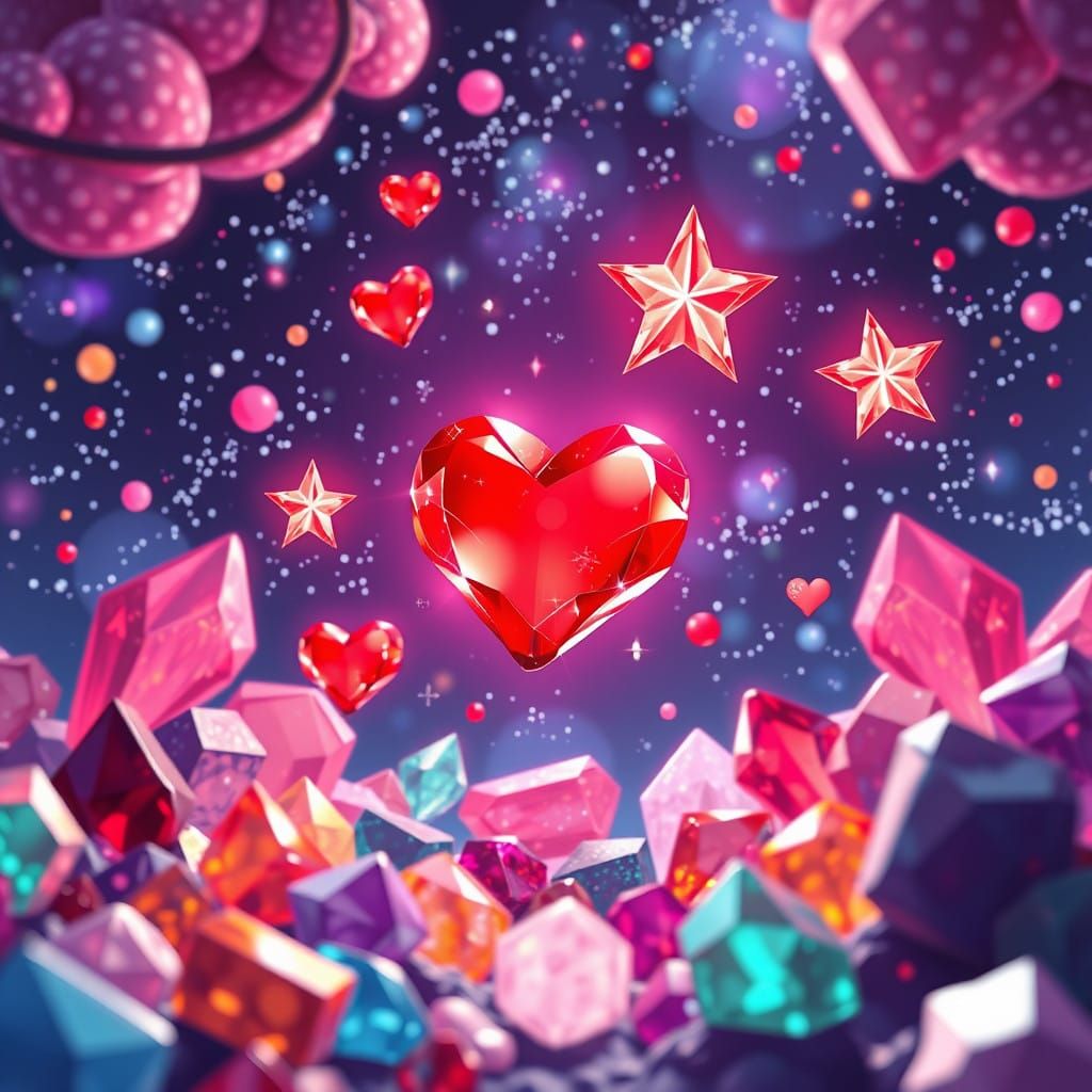 Glowing Crystal Hearts in Whimsical Night Sky