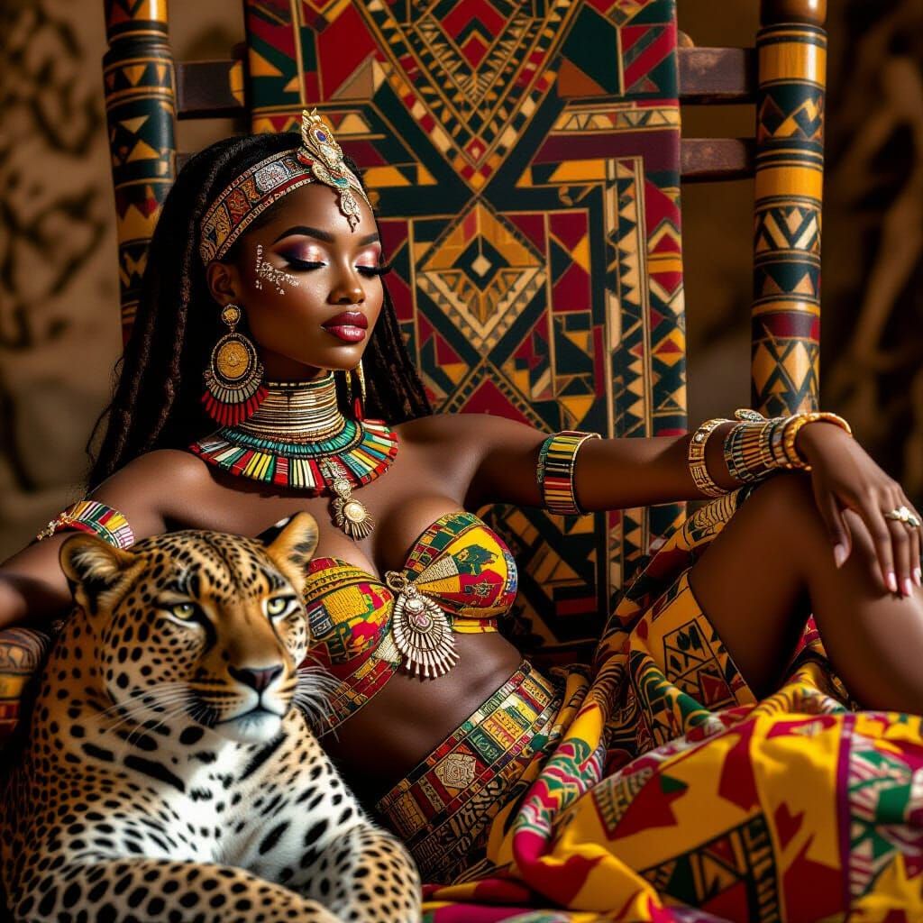 Nigerian Tribal Princess on Throne with Pet Leopard