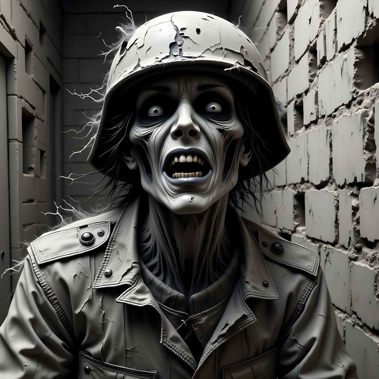 Ghostly Soldier's Anguish in Brutalist Prison