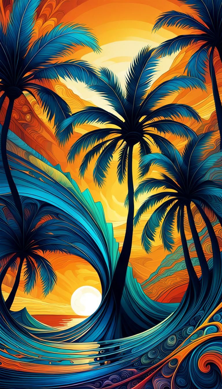 Abstract Sunset Palm Tree Fractal Art