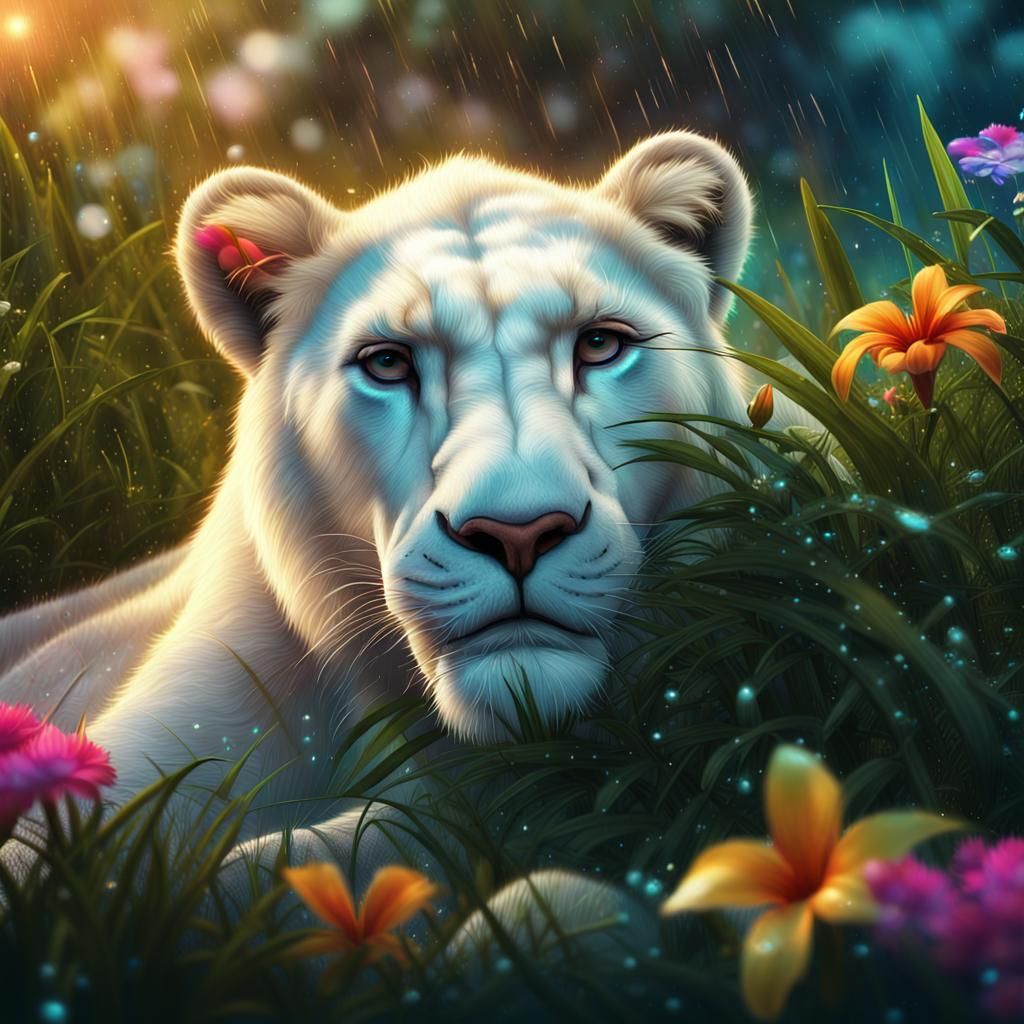Luminous Lioness in Starry Tropical Paradise