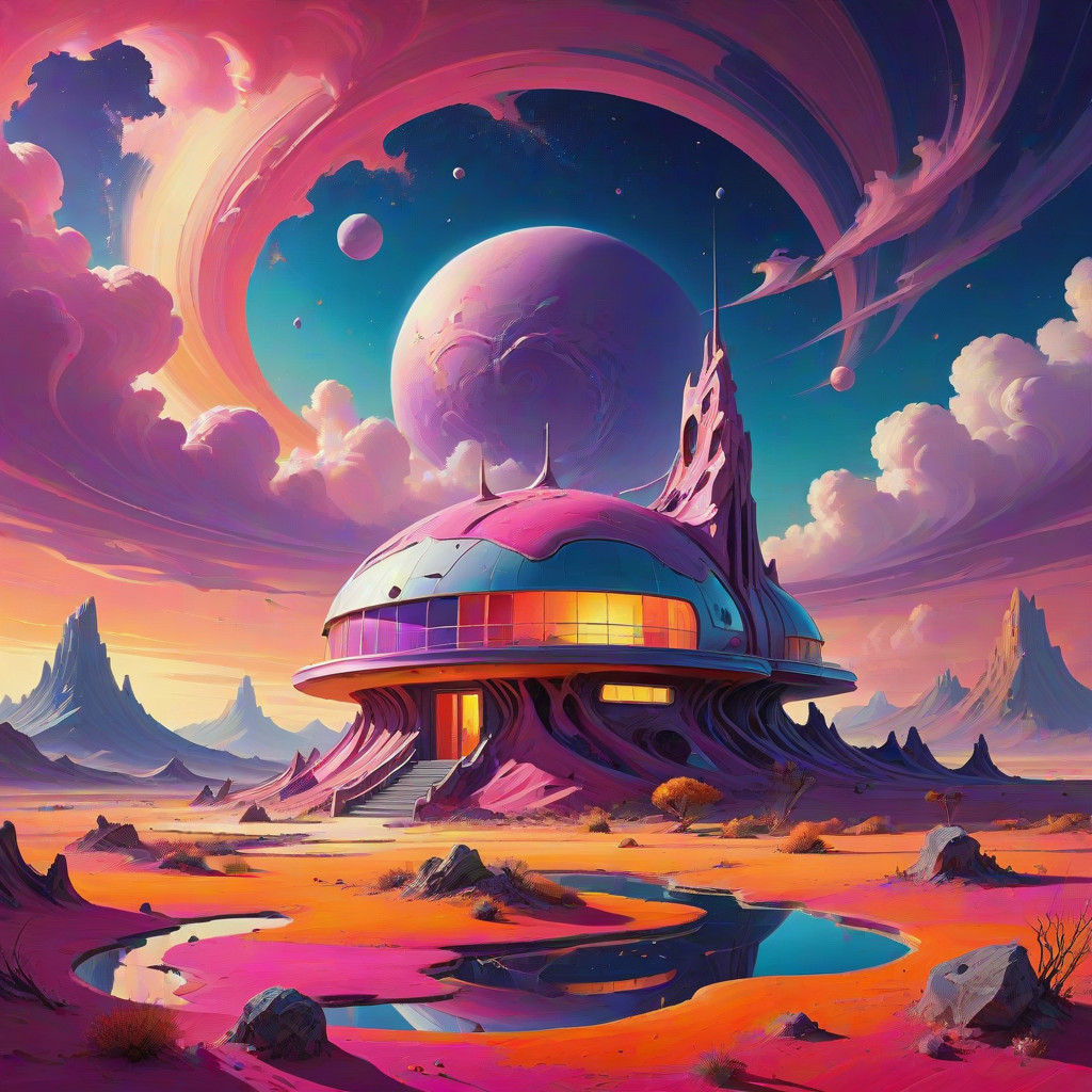 Surreal Exoplanet Motel in Vibrant Pastel Colors