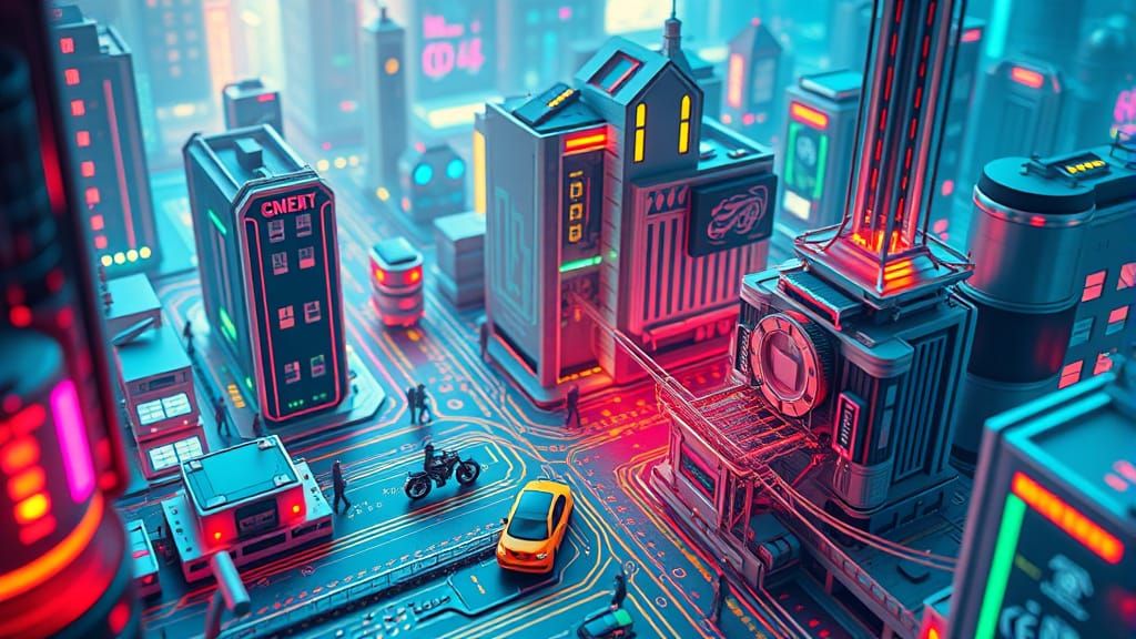 Iridescent CPU Transistor Cityscape in a Surreal Style