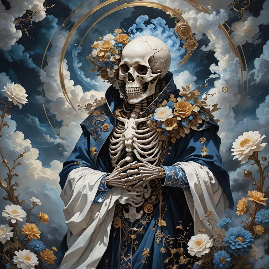 Ethereal Guardian: Skeletal Figure Embracing Infant in Digit...
