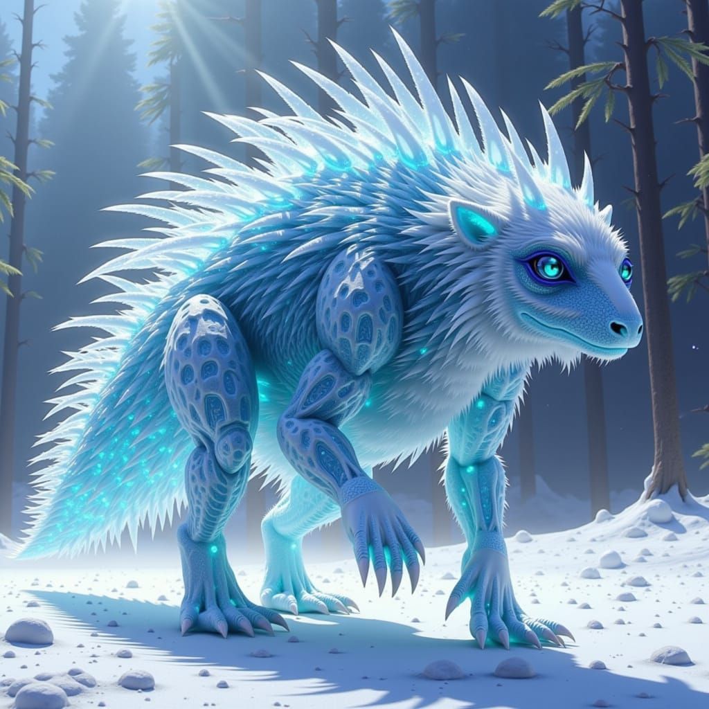 Icy Dog-Porcupine Hybrid with Quills in Digital Art Style