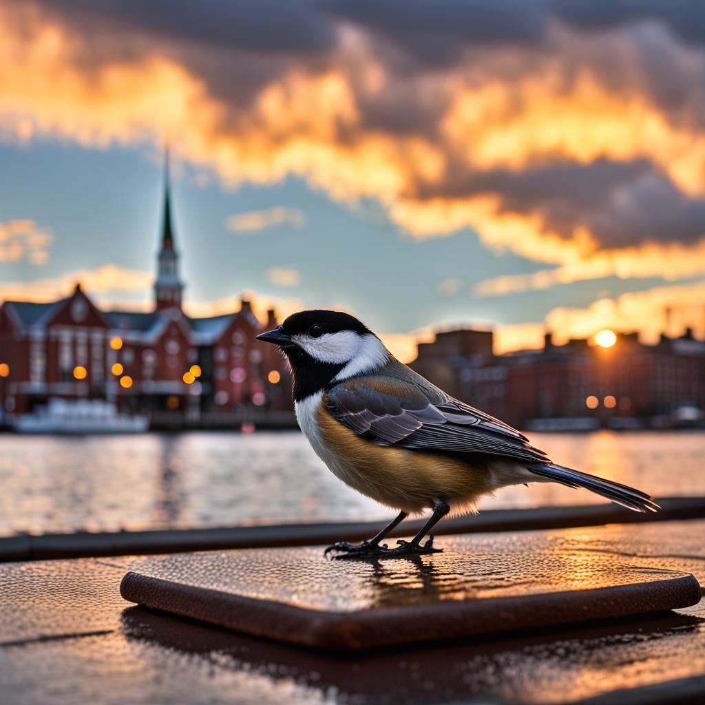 Chickadee at Sunset over Harvard Square