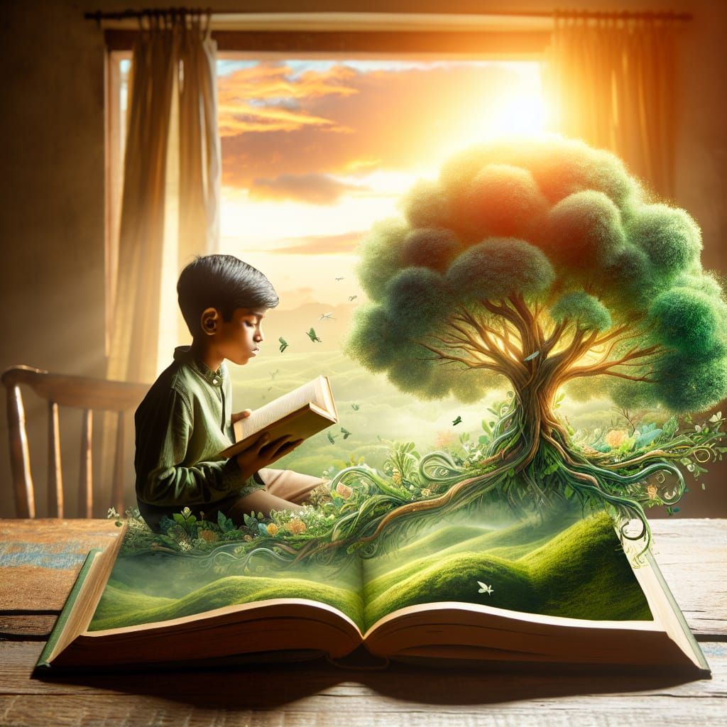 Boy Reading in a Fantastical Landscape