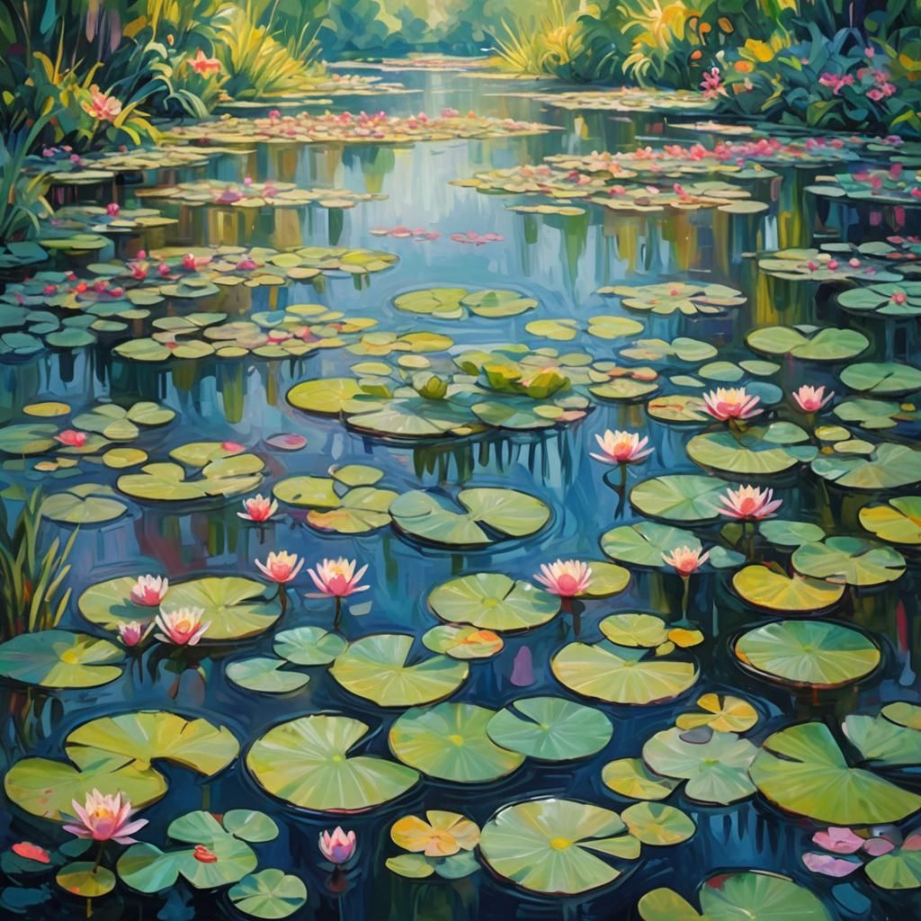 Impressionist Pond with Lily Pads in Fauvist Style