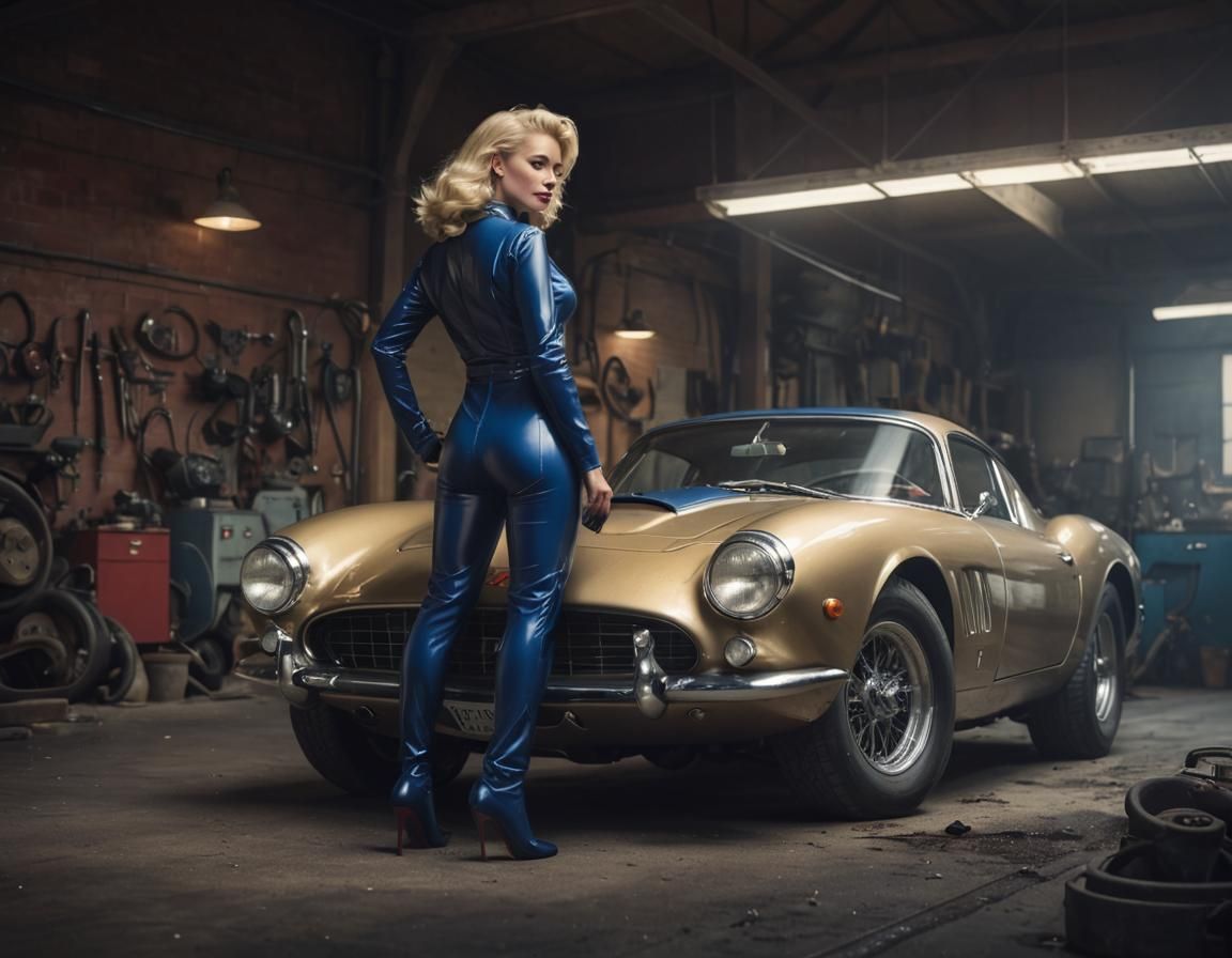 Very pretty blond woman in tight blue plastic catsuit, 3/4 b...