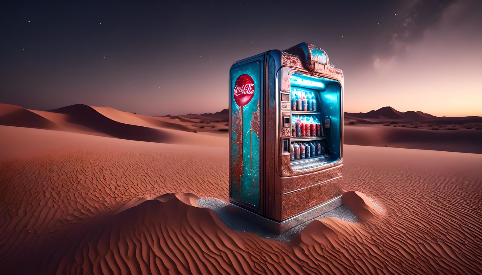 Desert Oasis: Soda Machine in Arid Landscape