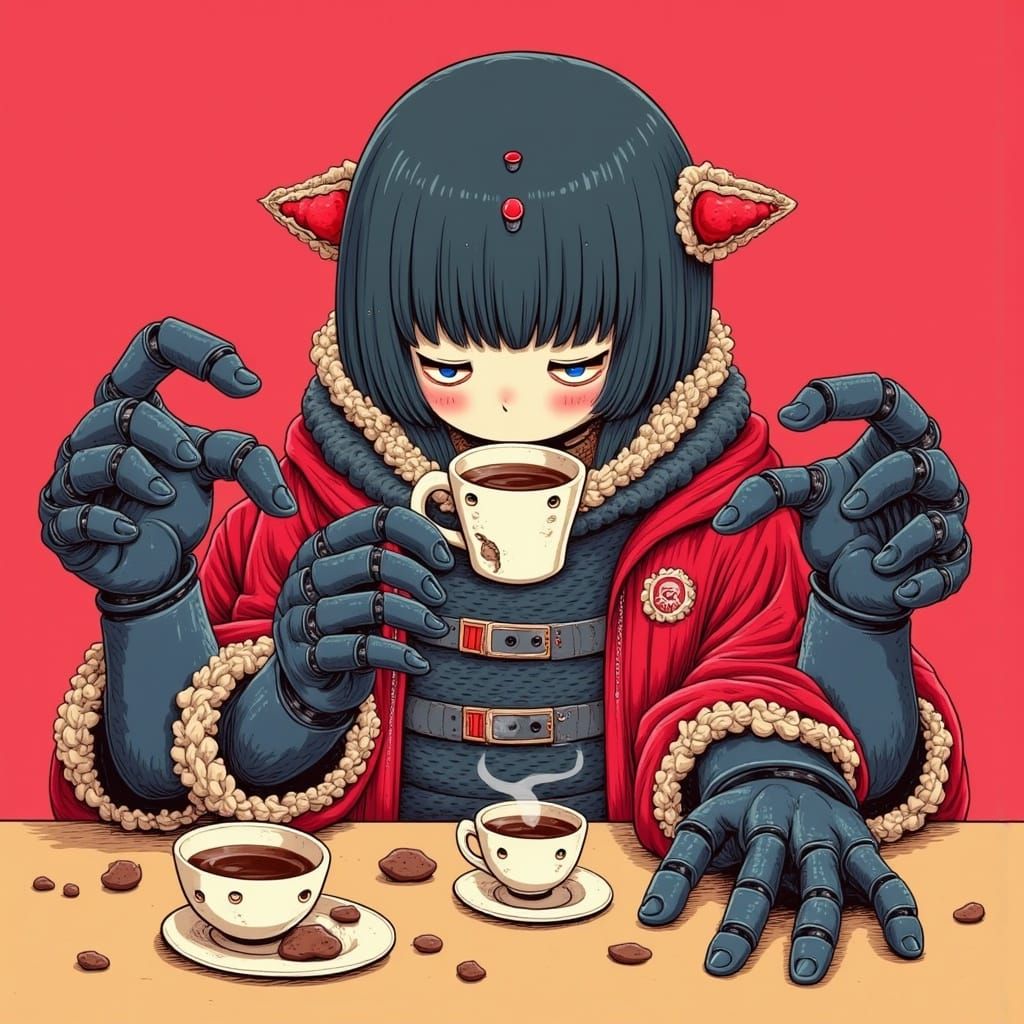 Android Sipping Coffee in Futuristic Setting