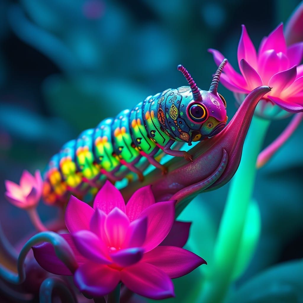 Vibrant Iridescent Caterpillar on Bioluminescent Plant