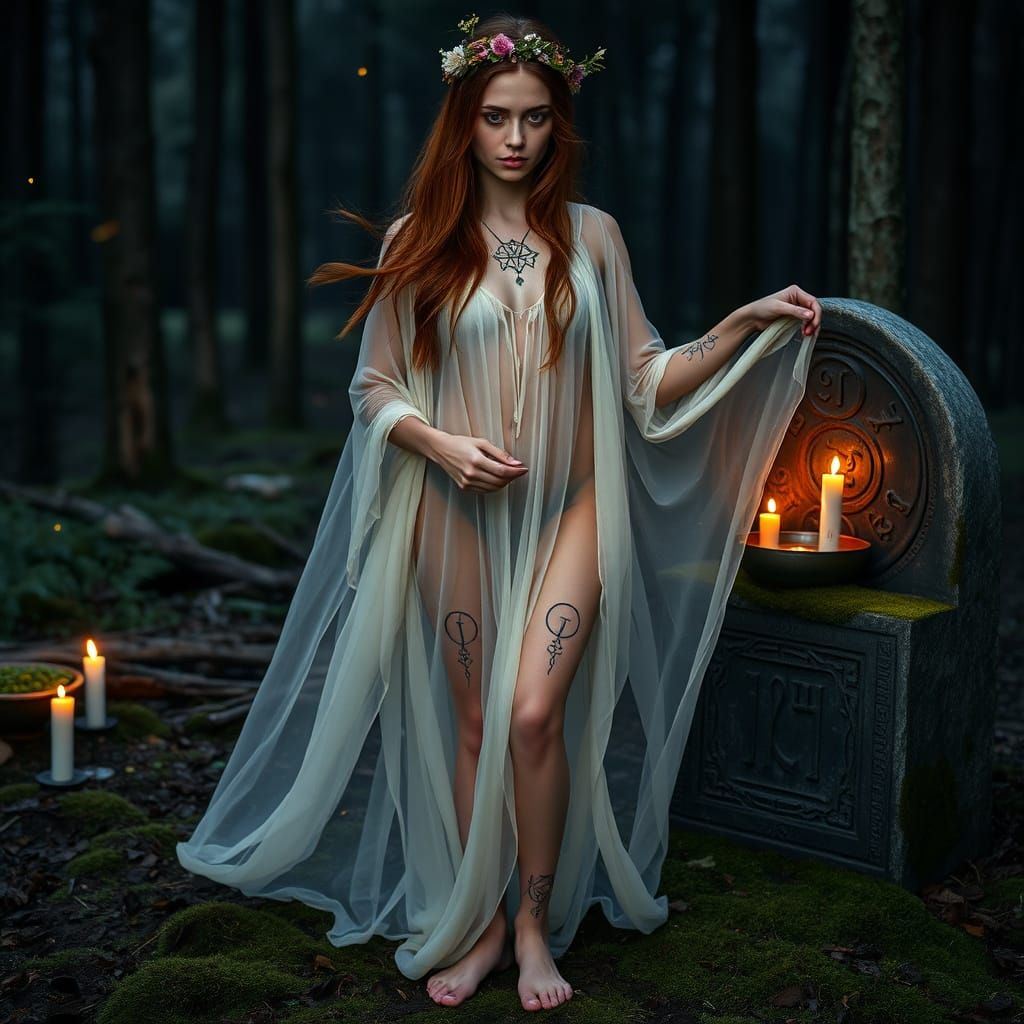 Mystical Slavic Woman with Runic Tattoos in Forest