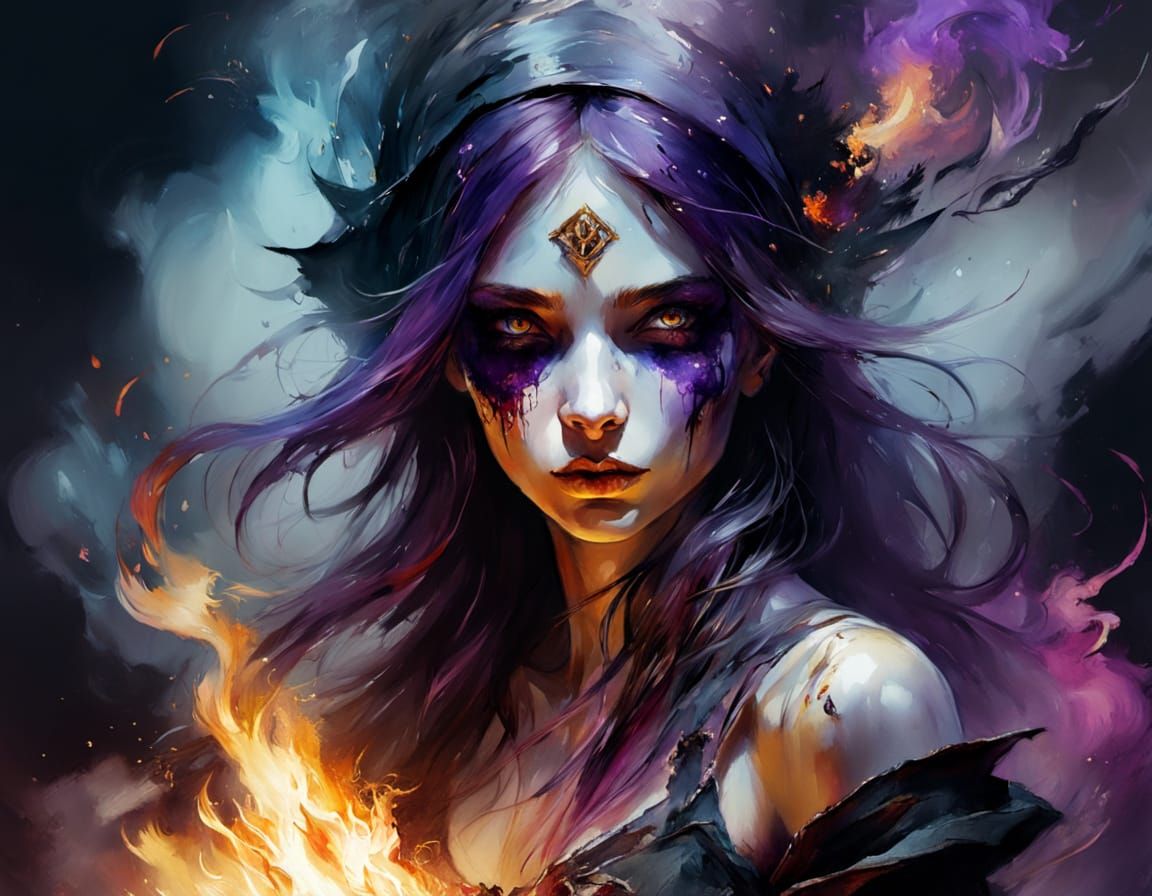 Witch Burning in Bonfire with Purple Space