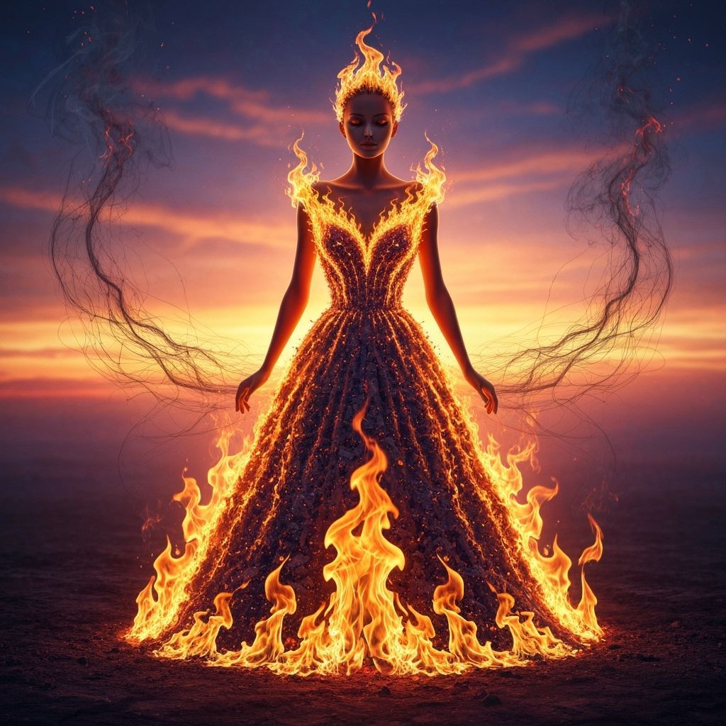 Fiery Dress of Flames with Ash and Sunset
