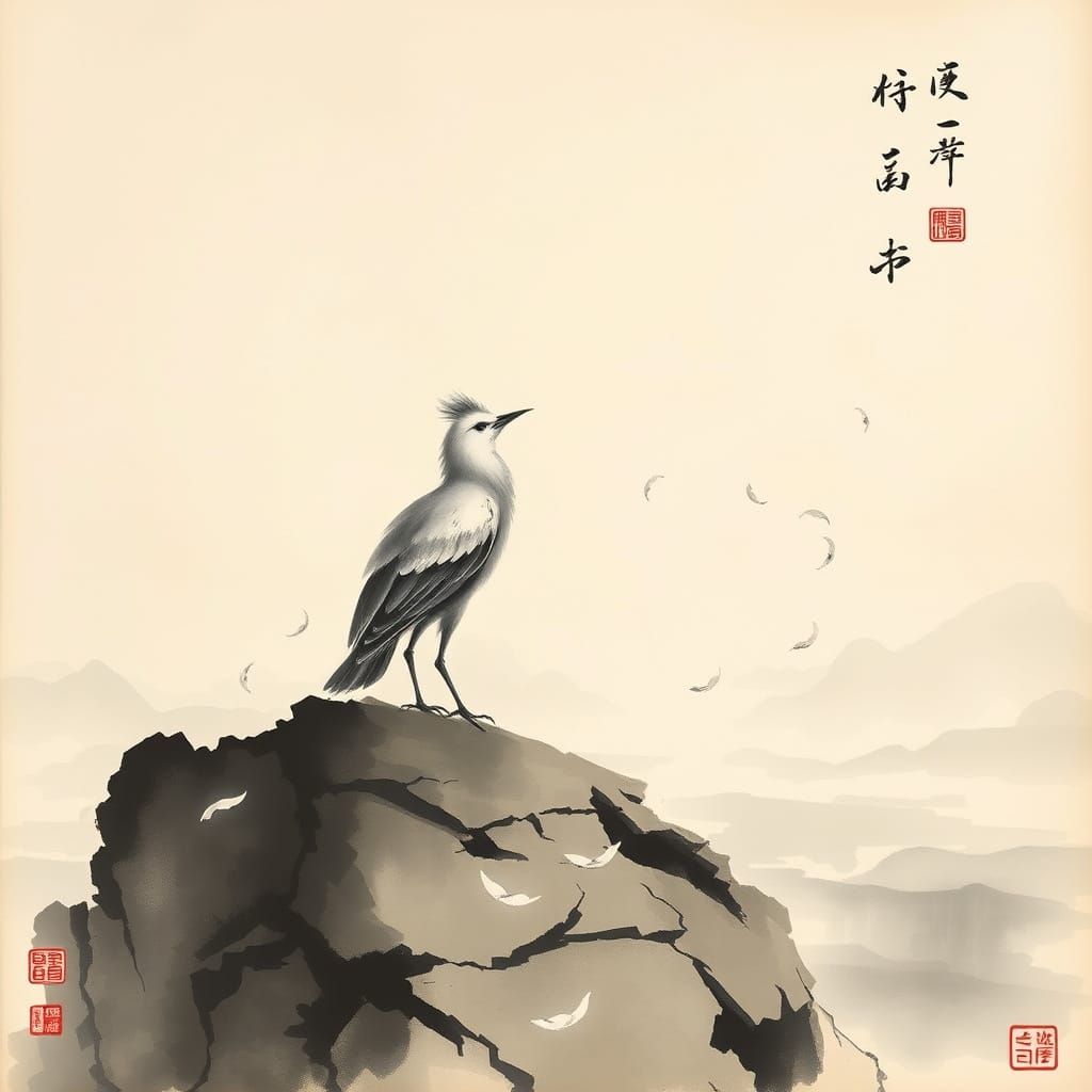 Determined Chinese Bird Goddess on Cliffside, Inspired by Tr...