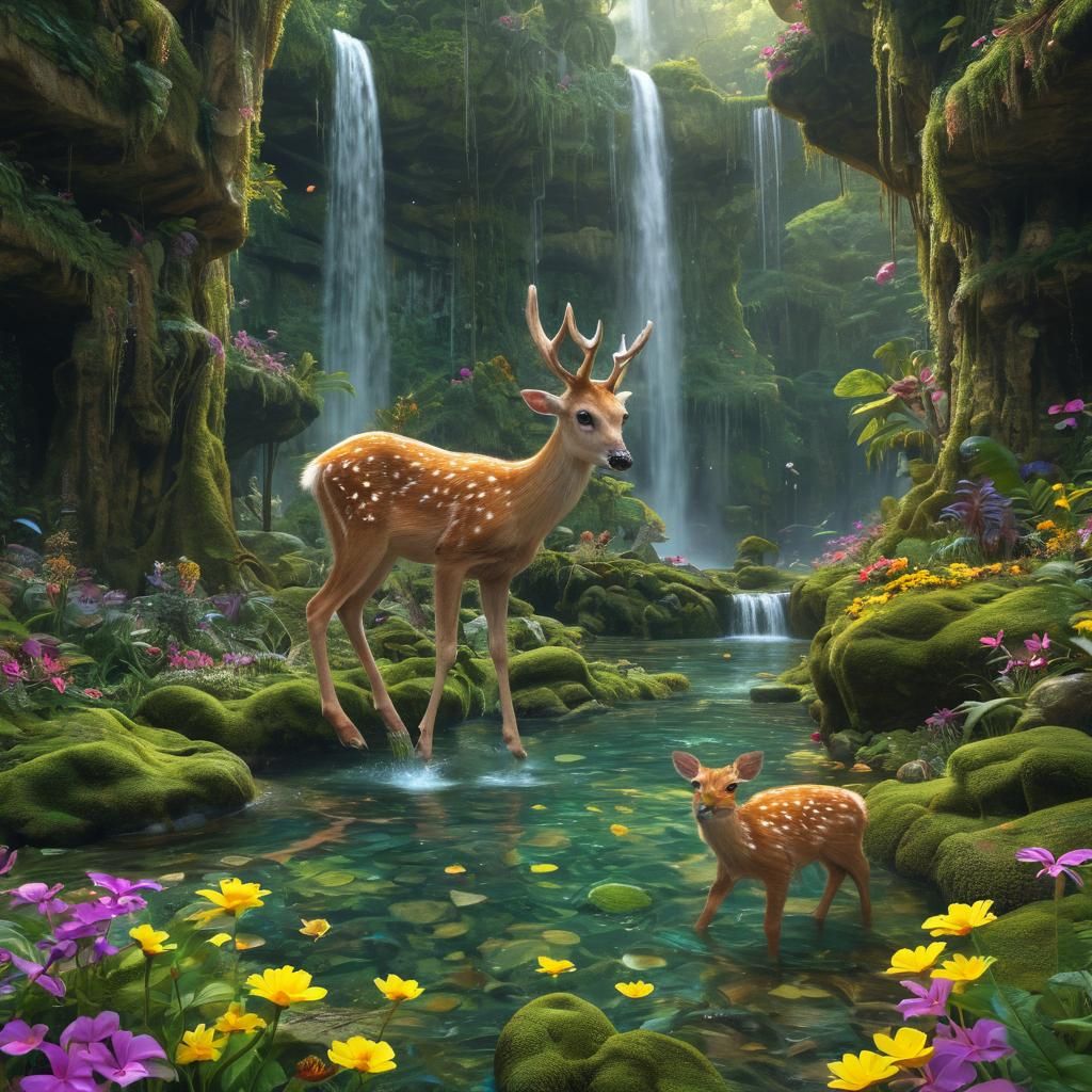 Vibrant Rainforest Scene with Deer, Matte Painting