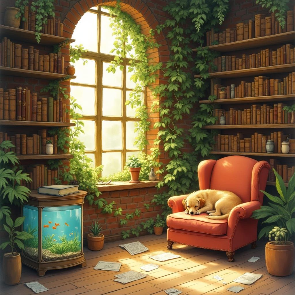 Watercolor Bookstore Oasis with Golden Light and Lush Greene...