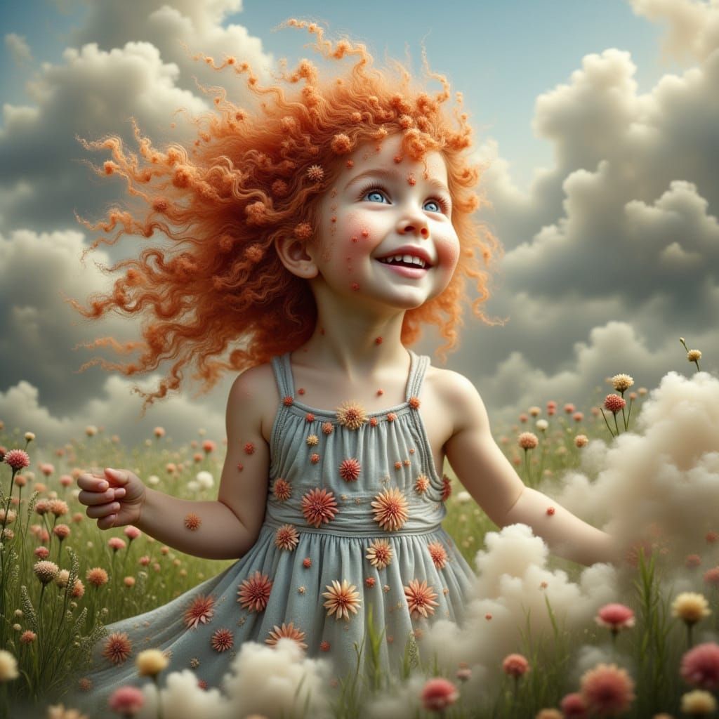 Red-Haired Girl in Dreamy Summer Meadow