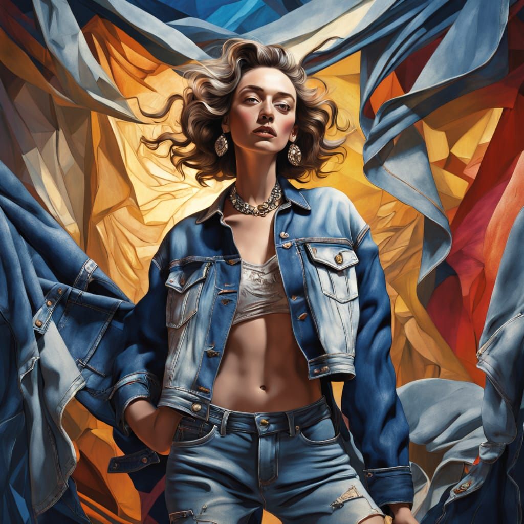 Vibrant Denim Fashion Illustration in Triadic Colors