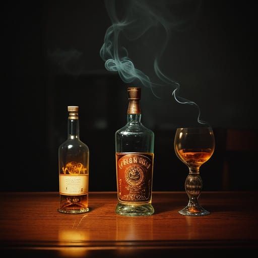Surreal Vintage Scene with Magical Whiskey Bottle