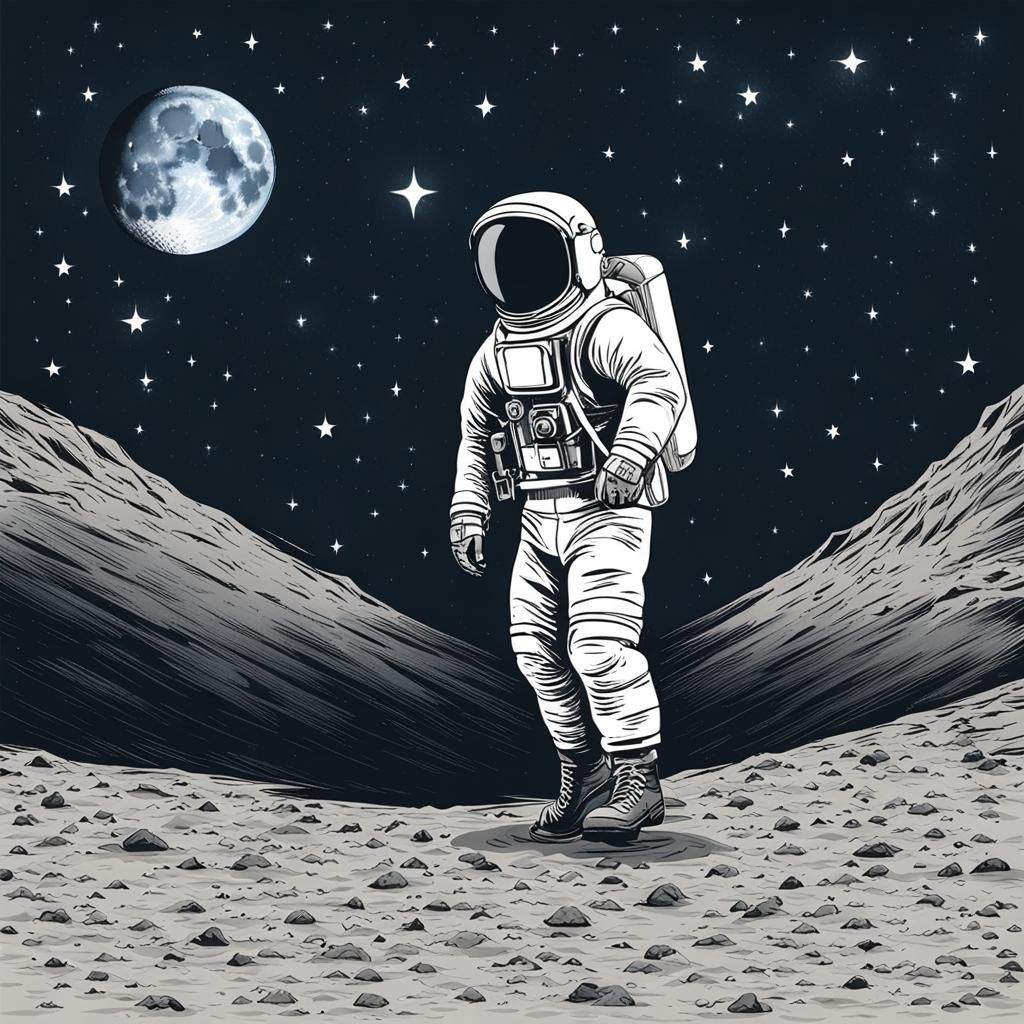 Astronaut's First Lunar Steps Under Starry Sky