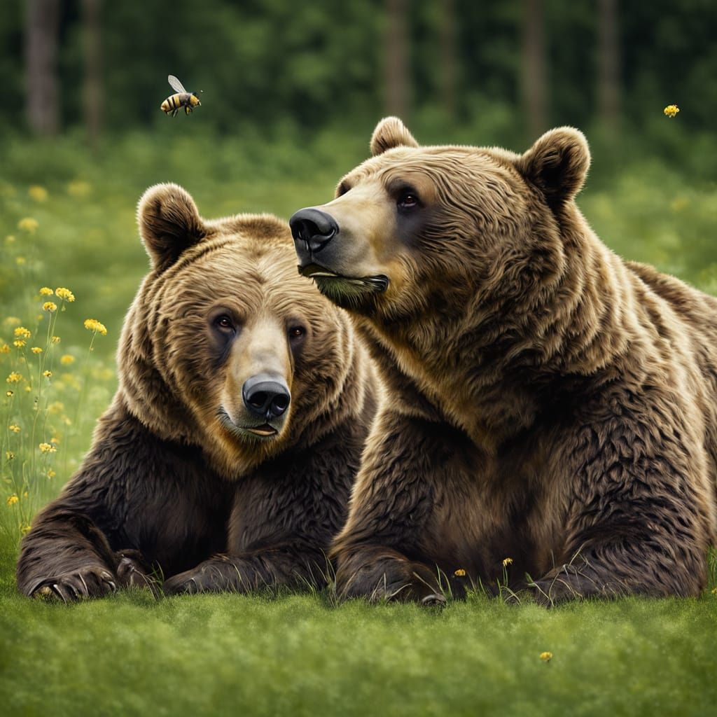 Brown Bear and Bee Share Peaceful Moment in Warm Realism