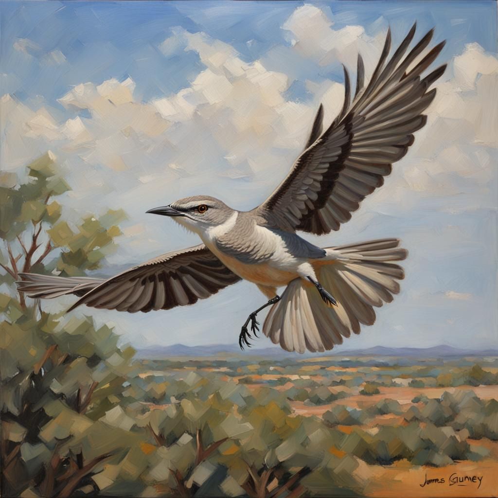 Mockingbird in Flight: Oil Painting in Realist Style