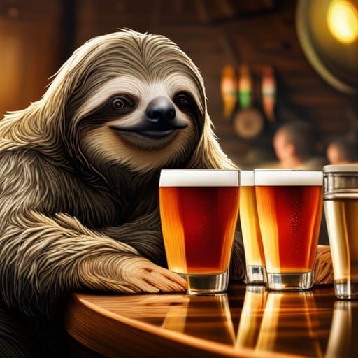 Sloth and Friends in Tavern: Hyperrealistic Digital Art