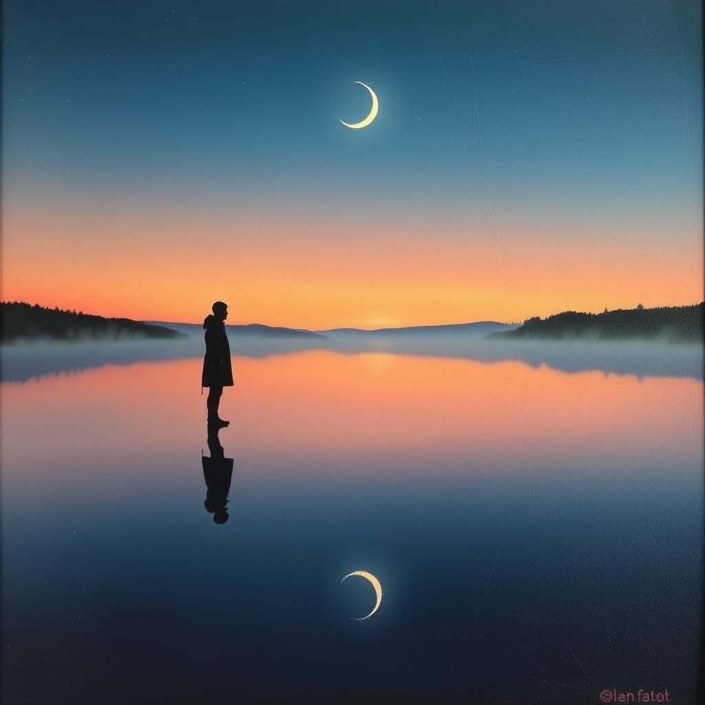 Surreal Twilight Lake Reflection in Dreamlike Style