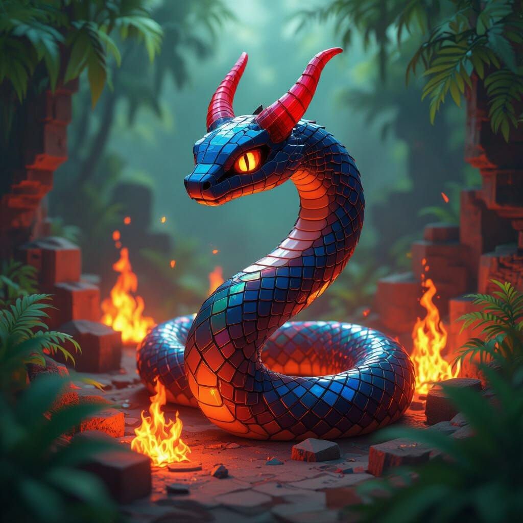 Minecraft Snake in Pixelated Jungle, Anime Concept Art