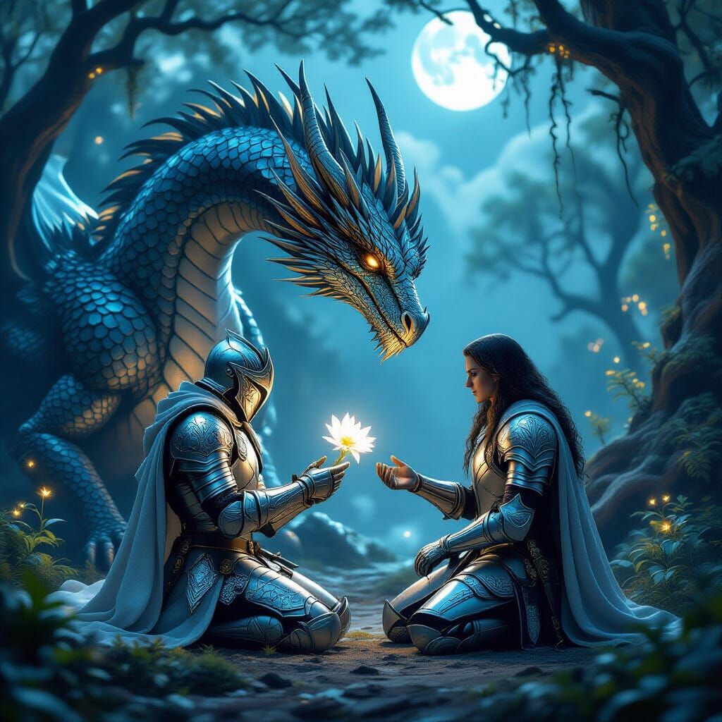 Knight Offers Flower to Ancient Dragon in Moonlit Glade