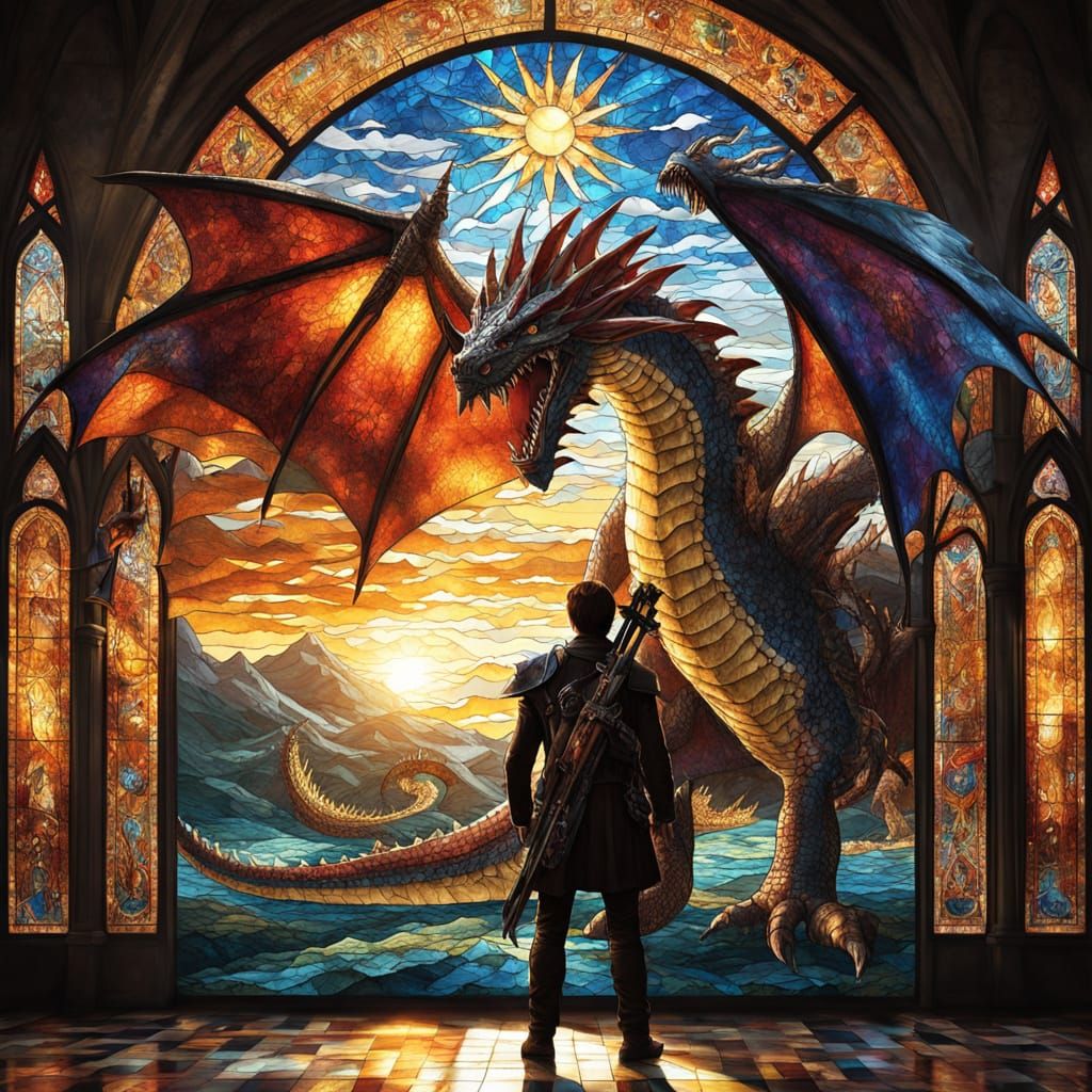 Ethereal Gothic Dragon Mosaic in Vibrant Stained Glass
