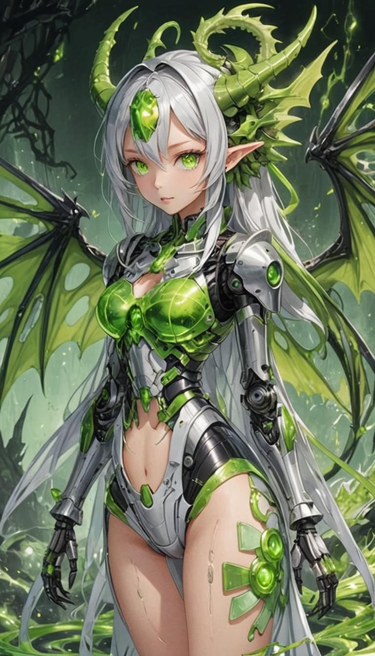 Chimera Girl with Robotic Skeleton and Dragon Wings