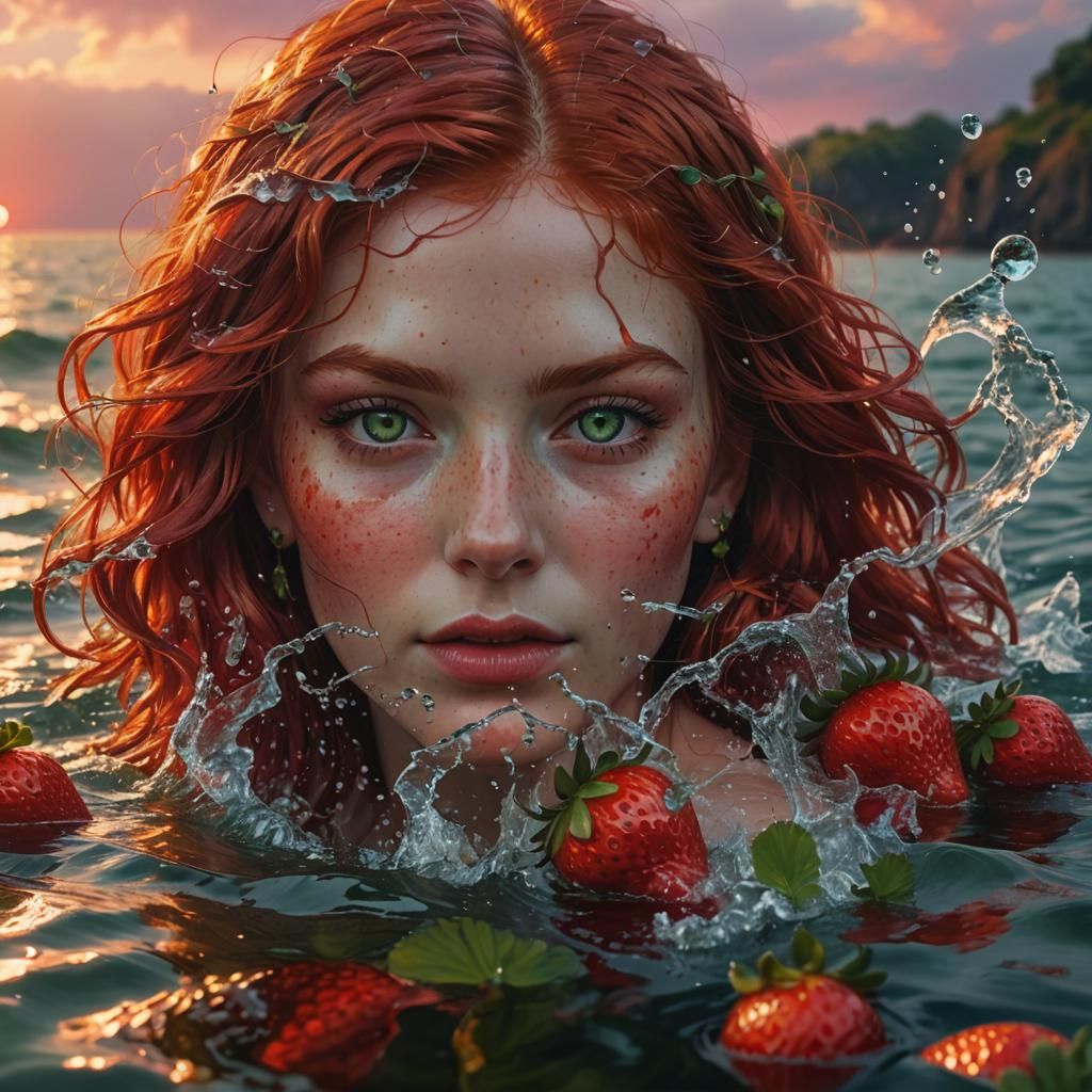 Sunset Beauty with Red Hair: Hyperrealistic Splash Art