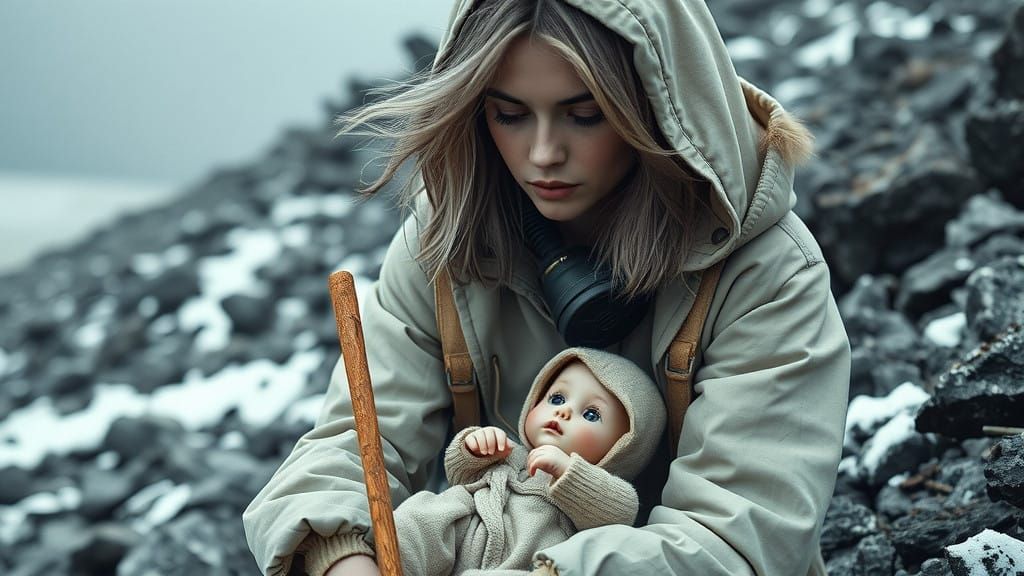 Young Woman Amidst a Post-Apocalyptic Shoreline in Realistic...