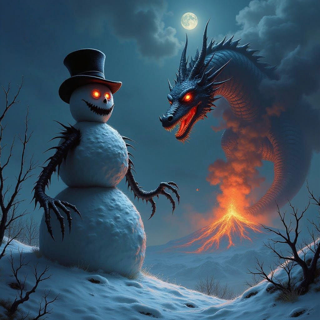 Mysterious Snowman Dominates Dark Moonless Night Landscape