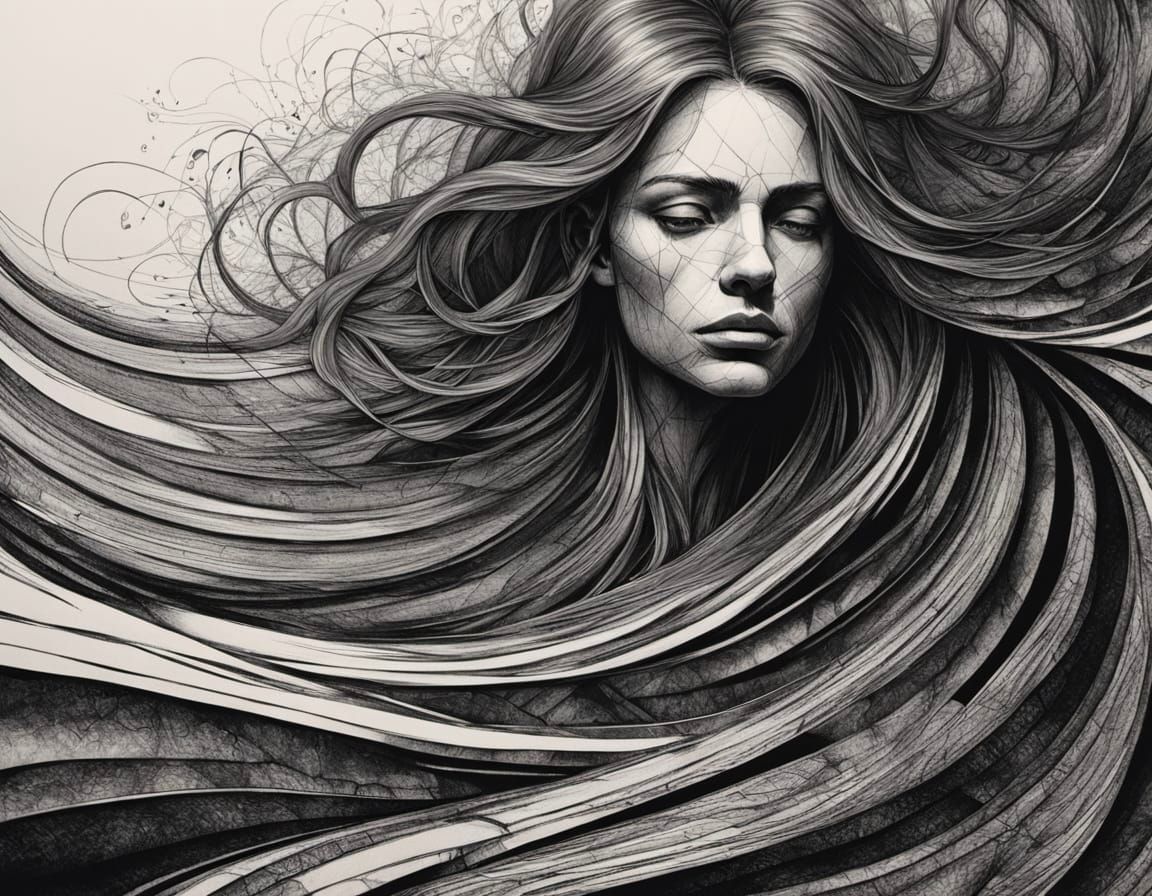 Desperate Man in Charcoal Drawing with Abstract Fractals