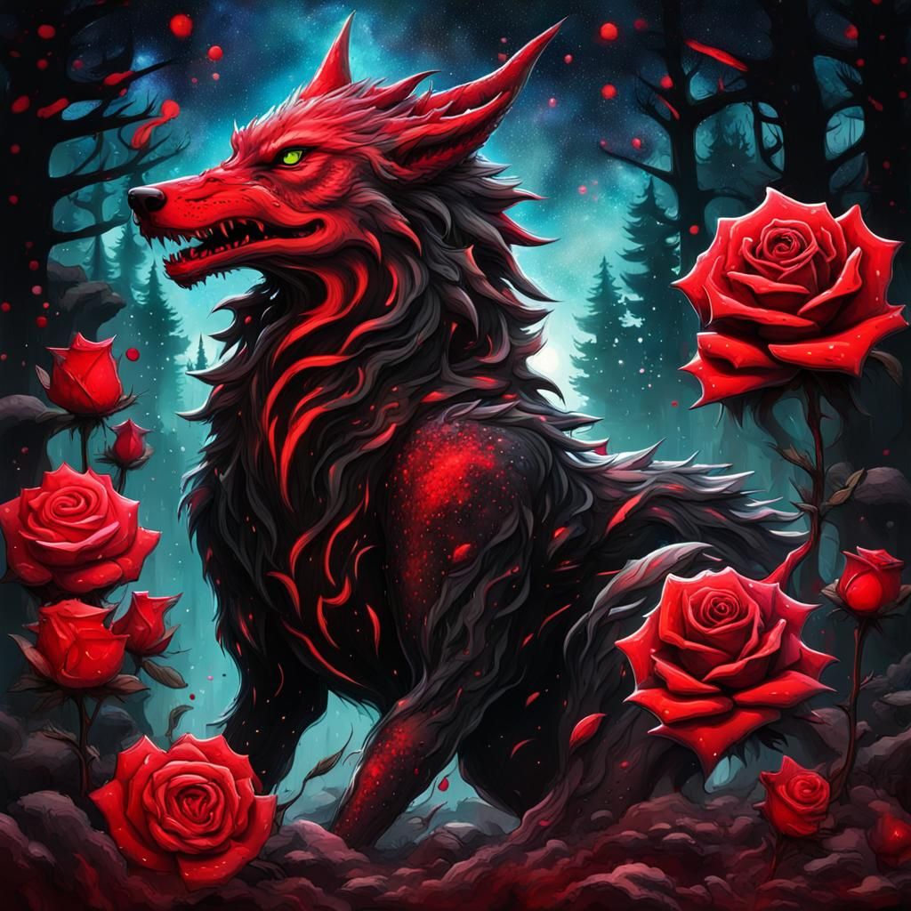 Surreal Red and Black Galaxy Forest: Graffiti Art