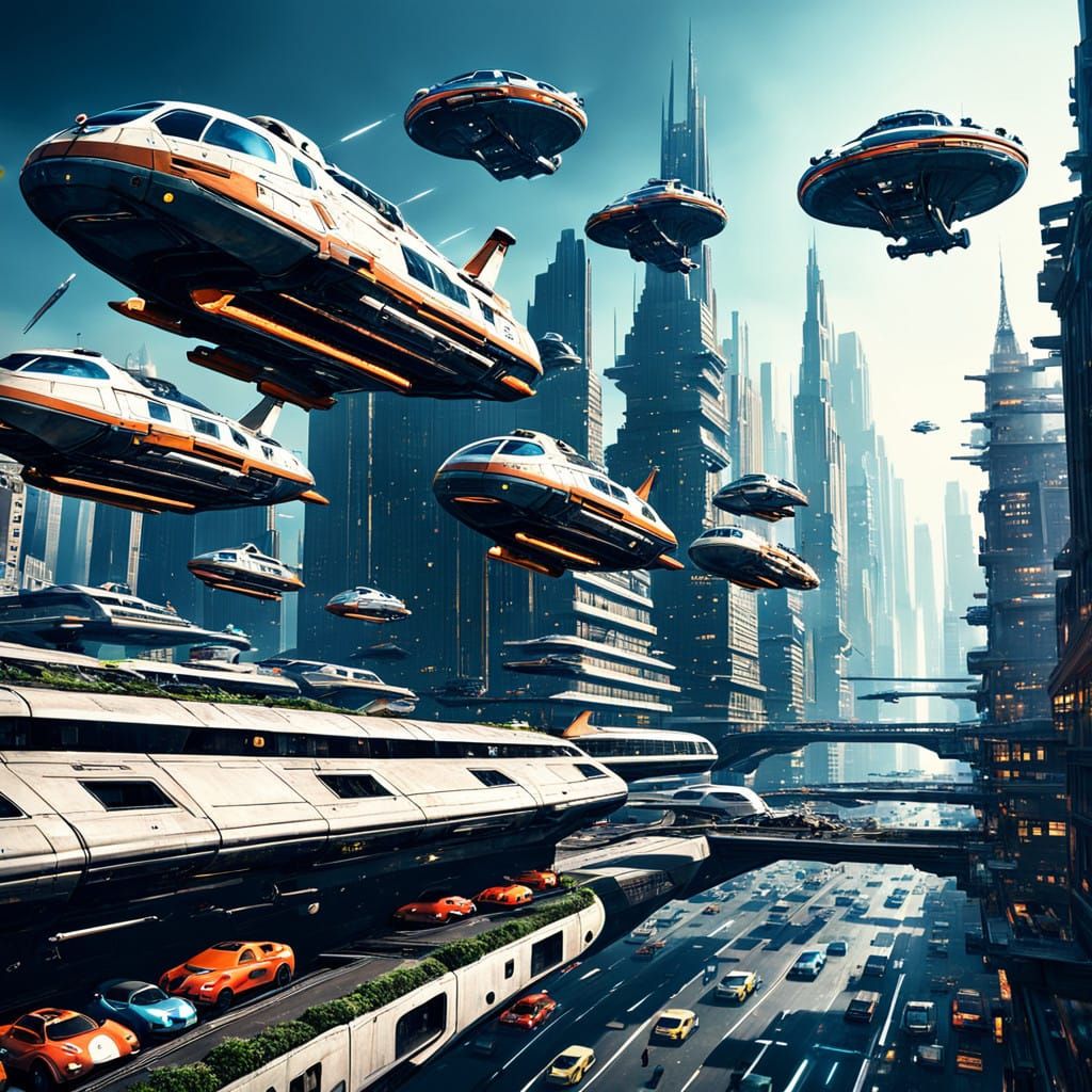 Future Mega-City Skies Filled with Flying Space Vehicles