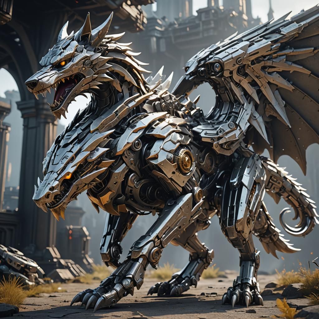 Wolf with Dragon Wings in Sci-Fi Style