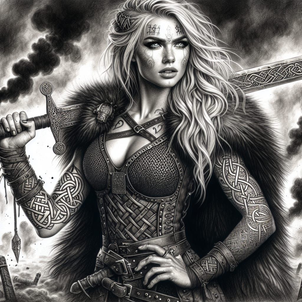 Viking Warrior Woman Triumphant on Battlefield