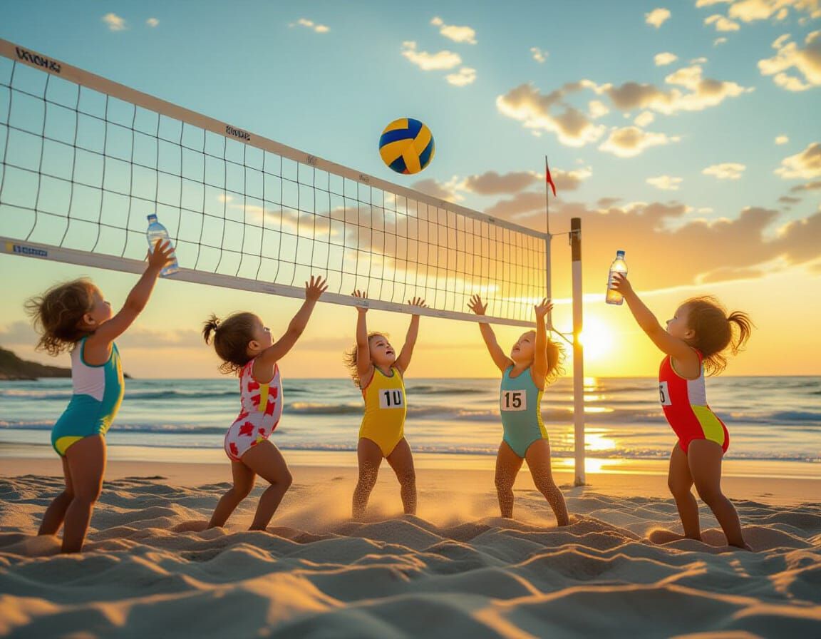 Babies Play Beach Volleyball at Sunset in Hyperrealistic Sty...