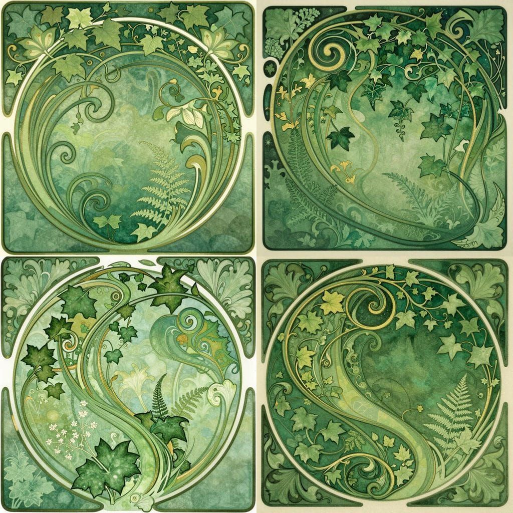 Elegant Art Nouveau Illustration with Emerald and Gold Accen...